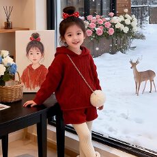 批发女童巨好看冬装套装本命年12岁女孩衣服红色针织两件套高级感冬季