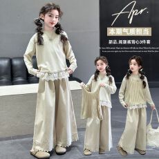 批发女童休闲套装2026新款韩版<b class='q'>儿童</b>洋气女孩蕾丝边背心阔腿裤三件套潮
