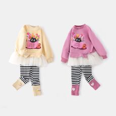 批发<b class='q'>女</b><b class='q'>童</b>卡通卫衣秋季新款洋气儿童时髦女孩网纱拼接上衣<b class='q'>打底裤</b>两件套