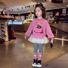 女童套装春秋装2026韩版儿童小女孩卡通网纱卫衣条纹打底裤两件套