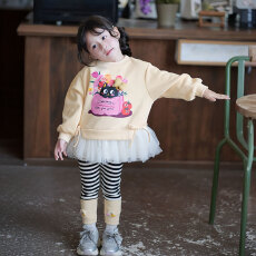 女童卫衣套装秋装2026韩版新款儿童网纱拼接上衣条纹打底裤两件套