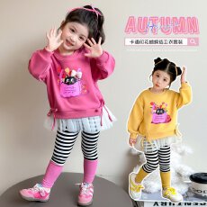 女童卫衣套装秋装新款韩版儿童女孩卡通拼接上衣条纹打底裤两件套