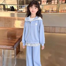 批发女童开衫卫衣套装<b class='q'>秋装</b>新款儿童洋气女孩连帽蕾丝<b class='q'>外套</b>阔腿裤两件套