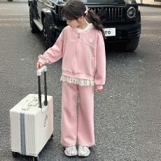 批发女童连帽开衫卫衣套装2026秋季新款韩版女孩拼接<b class='q'>外套</b>休闲裤两件套
