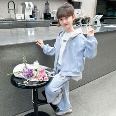 批发女童套装春秋2026新款韩版中大童花边连帽<b class='q'>外套</b>儿童运动长裤两件套