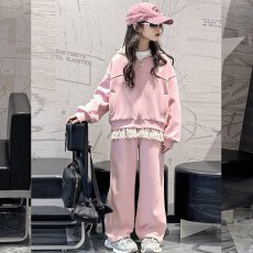 批发女童卫衣套装2026春秋新款韩版儿童女孩蕾丝拼接<b class='q'>外套</b>阔腿裤两件套