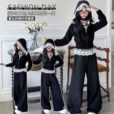 批发女童开衫卫衣套装秋季2026新款儿童女孩花边连帽<b class='q'>外套</b>阔腿裤两件套