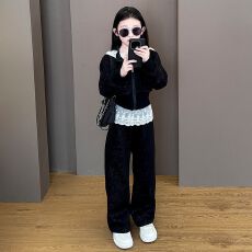 批发女童开衫卫衣<b class='q'>套装</b>新款<b class='q'>韩版</b>儿童女孩蕾丝花边连帽外套阔腿裤两件套