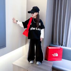 批发女童<b class='q'>潮</b>酷套<b class='q'>装</b>2026秋季韩版中大童假两件长袖<b class='q'>T</b><b class='q'>恤</b>休闲阔腿<b class='q'>裤</b><b class='q'>两件套</b>