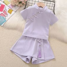 批发女童两件套夏季2026新款中大童新中式洋气盘扣短袖休闲短裙裤<b class='q'>套装</b>