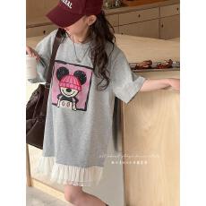 批发女童连衣裙夏装2026新款洋气<b class='q'>儿童</b>短袖长款<b class='q'>T</b><b class='q'>恤</b>裙夏装蕾丝拼接上衣