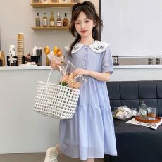 批发<b class='q'>女</b><b class='q'>童</b>连衣裙夏季2026新款洋气甜美中大童刺绣时髦<b class='q'>百搭</b>娃娃领连衣裙
