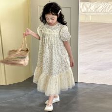 批发<b class='q'>女</b><b class='q'>童</b>公主<b class='q'>裙</b>夏季2026新款中大童韩版碎花泡泡袖洋气拼接纱网连衣<b class='q'>裙</b>