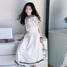 批发<b class='q'>女</b><b class='q'>童</b>夏季套装2026新款女大童洋气无袖海军领上衣韩版半身裙两件套