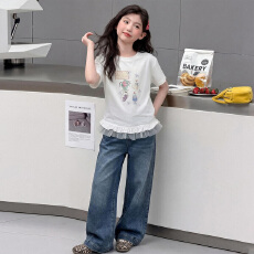 批发女童韩系荷叶边T恤<b class='q'>牛仔裤</b>套装2026夏款<b class='q'>儿童</b>网红显瘦阔腿裤两件套