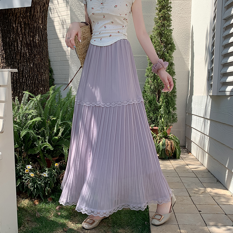 FA36815# 蕾丝花边雪纺半身裙女夏季高腰压褶垂感a字伞裙气质大摆百褶裙子 服裝批發女裝批發服飾貨源