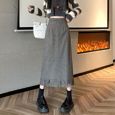 批发毛呢料流苏半身裙女秋冬长款高腰a字裙直筒显瘦一步包臀<b class='q'>裙子</b>