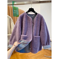 批发圆领羊羔毛外套女2025秋冬新款韩版宽松加厚保暖紫色颗粒绒上衣潮