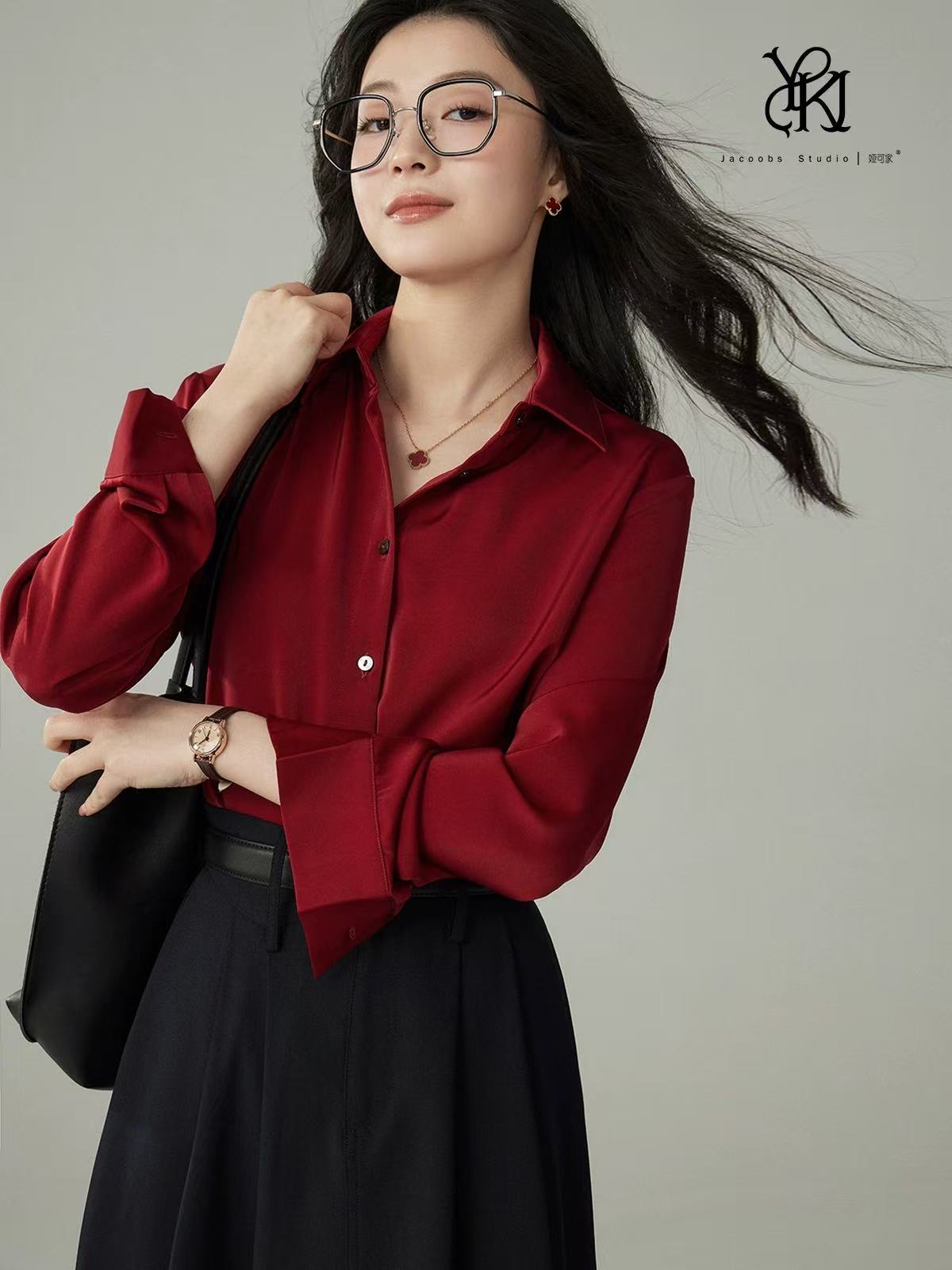 예 수 있습니다. 홈 핏 스타일 업그레이드 3.0 주홍 모방 아세트산 새틴 저항 주름 여성 셔츠 레트로 홍콩 느낌 긴팔 셔츠
