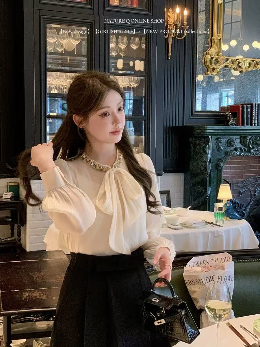 양 작은 볼륨 수공 훈련 칼라 프랑스식 천 금빛 바람 나비 넥타이 새틴 여성 셔츠 봄 긴팔 품격 맨위