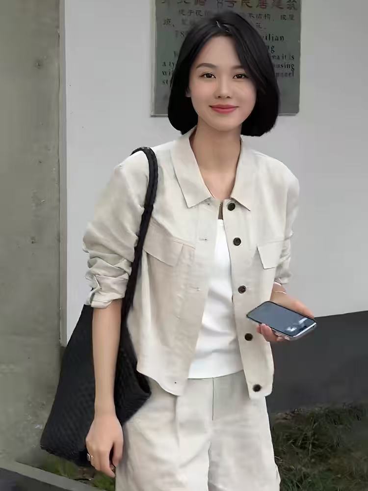프랑스식 고급 센스 아마 쇼트 스타일 여성 셔츠 2026 새로운 여름 외부 가져 가라. 얇은 스타일 자외선 차단 카디건 코트 맨위