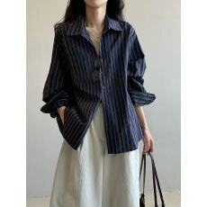 批发日系复古藏青条纹长袖衬衫女<b class='q'>春</b>秋设计感宽松休闲百搭衬衣通勤上衣