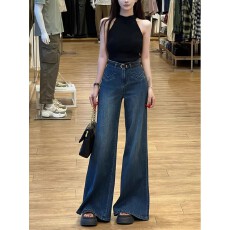 批发复古深蓝高腰不贴腿<b class='q'>喇叭</b><b class='q'>牛仔裤</b>女2026春季新款弹力宽松显瘦百搭裤
