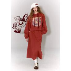 红色卫衣半身裙两件套装女2026年冬季新款休闲新年战袍