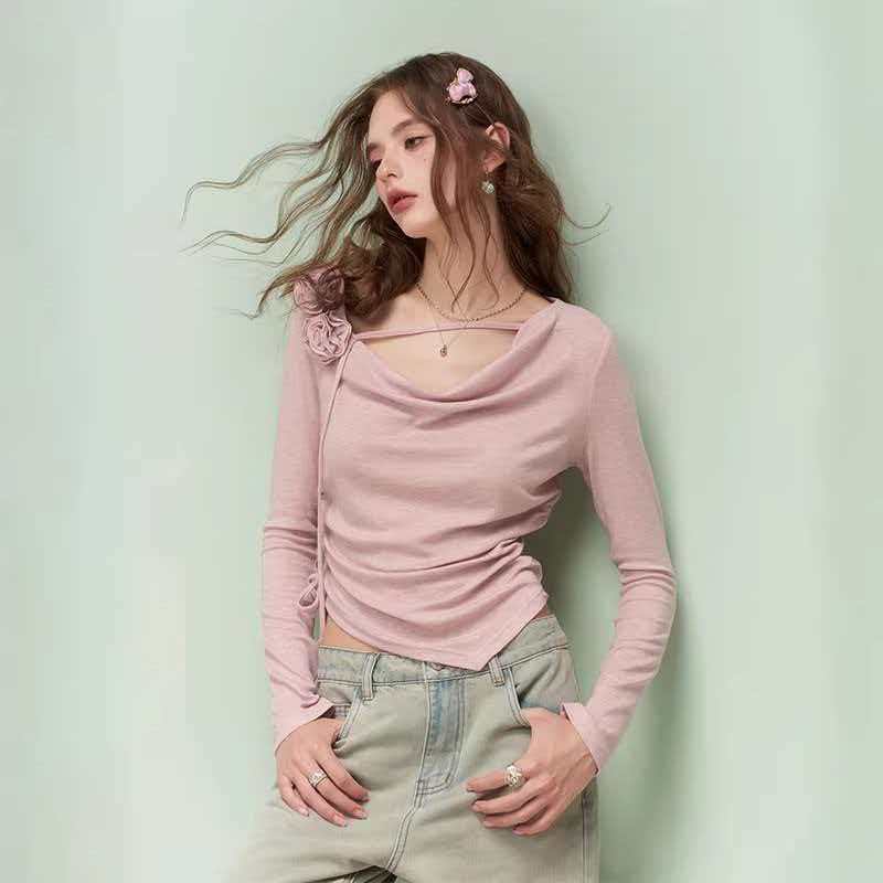비대칭 선호 불규칙 흔들다 칼라 긴팔 티셔츠 여성 이른 봄 품격 순수한 욕망 맨위