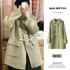 批发高级感牛角扣呢子大衣女秋冬装新款韩版小个子中长款宽松毛呢外套