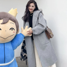 批发连帽时尚呢子大衣<b class='q'>女</b>中长款2025新款韩版通勤宽松系带显瘦毛呢外套