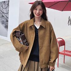 批发韩版新款复古麂皮绒外套女秋冬季宽松翻领休闲机车夹克上衣