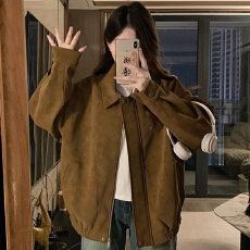批发原版做法美式麂皮绒翻领外套女秋冬宽松时尚加厚棕色休闲夹克上衣