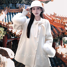 批发法式复古高级感蝴蝶结毛呢<b class='q'>外套</b>女装冬季不规则单排扣显瘦气质<b class='q'>上衣</b>