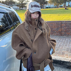 批发立领短款毛呢<b class='q'>外套</b>女2025秋冬新款小个子廓形系带时尚呢子大衣韩系