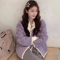 批发欧货小香风紫色连帽羊羔绒皮毛一体毛茸茸毛绒加绒厚摇粒绒外套女