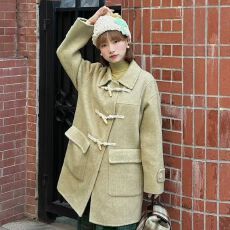 批发新款学院风韩系宽松牛角扣毛呢<b class='q'>大衣</b>中长款小个子加厚呢子开衫外套
