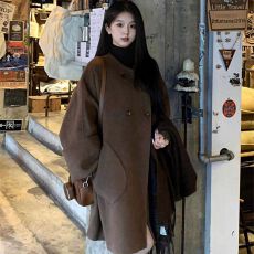 批发美拉德棕色双面呢子大衣女25秋季新款小个子高级感中长款毛呢外套