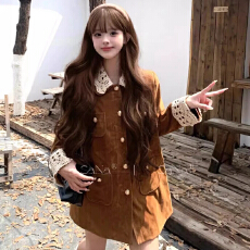 批发己出货 原版有内里小香风外套<b class='q'>中长款</b>麂皮丝绒风衣