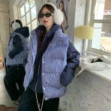 批发韩系高级感蓝色格子棉衣马甲女冬季新款加厚面包棉袄外套马夹上衣