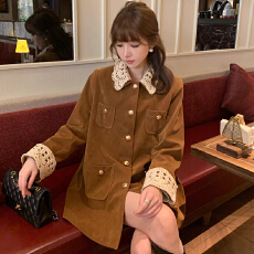 批发美拉德穿搭复古翻领中长款麂皮/丝绒外套工装风衣女