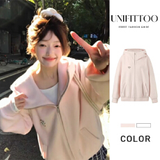 批发粉色巨好看高领连帽毛呢外套女秋冬今年流行新款加绒加厚绝美开衫