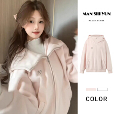 批发独特漂亮的毛呢外套女粉色小个子宽松显瘦高级感连帽拉链开衫上衣