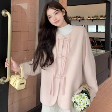 批发原版做法粉色小个子今年流行毛呢外套女<b class='q'>短款</b>新款新中式奶fufu上衣