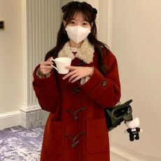 秋冬新款圣诞紧致复古红色毛呢大衣中长款毛领牛角扣时尚呢子外套