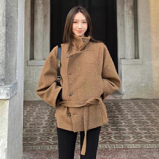 批发秋冬新款慵懒风纯色纽扣立领毛呢<b class='q'>外套</b>女气质百搭休闲显瘦百搭大衣