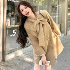 批发原版质量<b class='q'>甜美</b>法式千金风蝴蝶结风衣外套早秋小个子宽松中长款大衣
