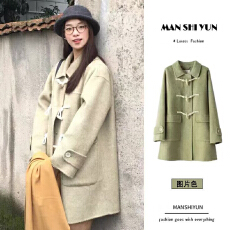 批发高级感牛角扣呢子大衣女秋冬装新款<b class='q'>韩版</b>小个子中长款宽松毛呢外套