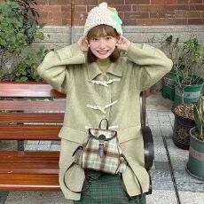 批发新款学院风韩系宽松牛角扣毛呢大衣中长款小个子加厚呢子开衫外套