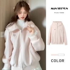 批发原版做法 毛呢外套女粉色小个子宽松显瘦高级感连帽拉链开衫上衣